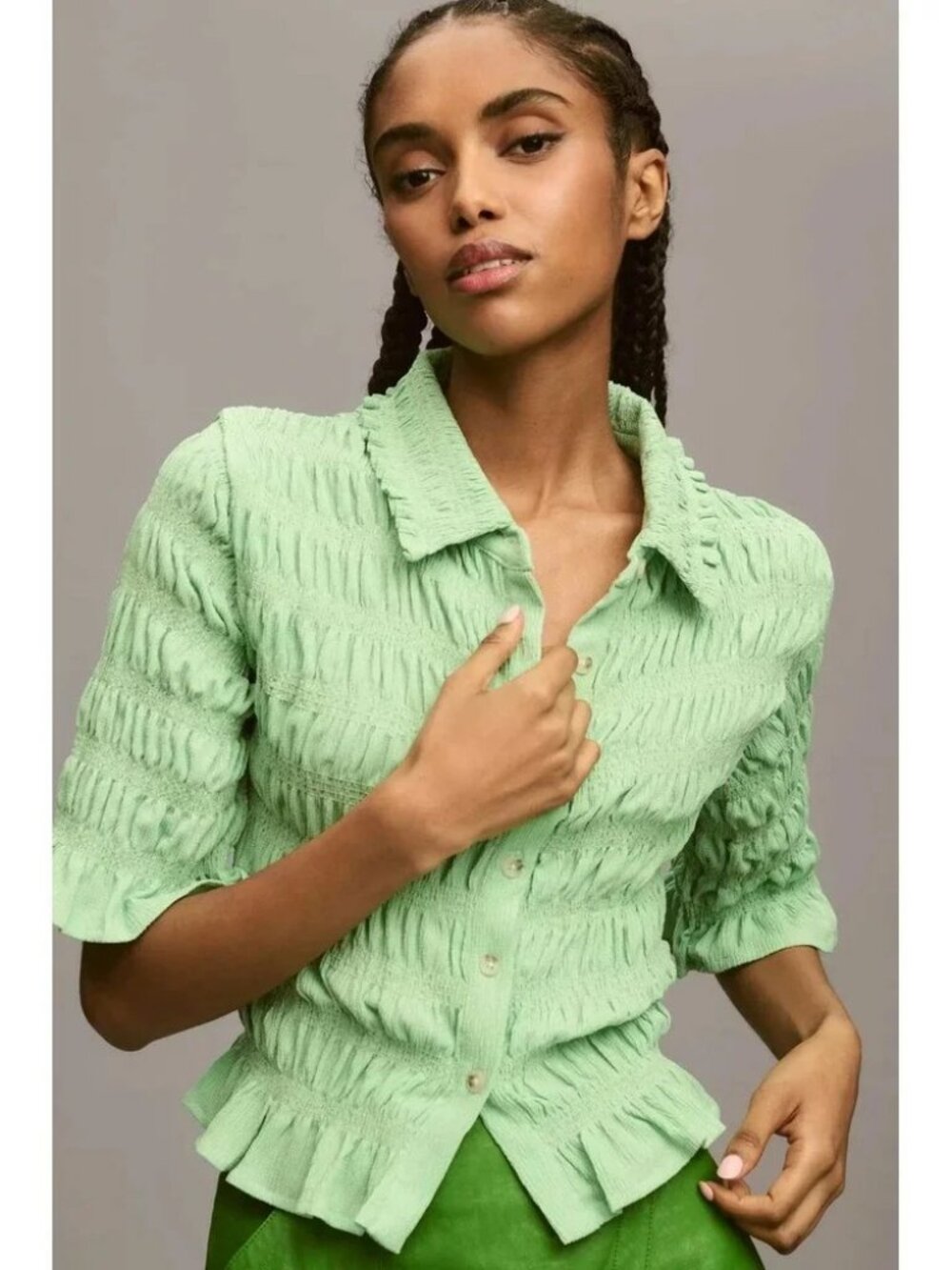Maeve Anthropologie Green Ruffle Smocked Button Front Shirt Size M NWT